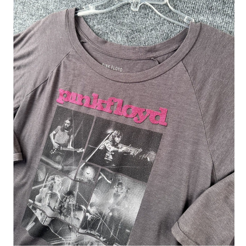 Pink Floyd Graphic Tee Gray Pink Glitter Logo 3/4 Sleeve Juniors XL 2012 Band T